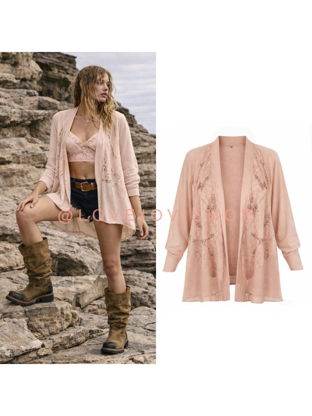Bohemian Coastal | NWT Free People Blush Peach Lace Kimono | Dolman Sleeve | S